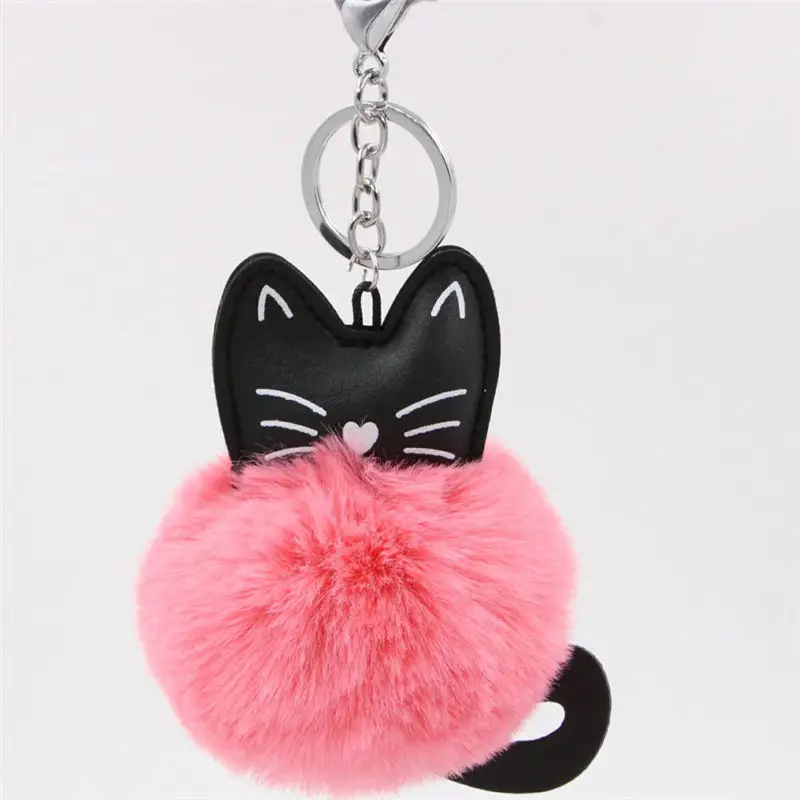 Cute Smiling Face Cat Fluffy Furball Fake Rabbit Fur Ball Keychain