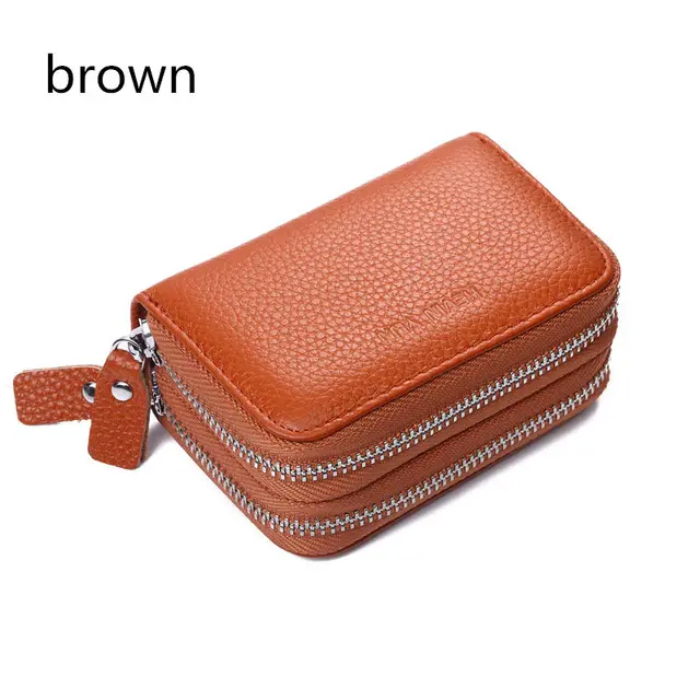 Fashion Women Card Holder Double Zipper Genuine Leather Wallet Credit Cards Case Bag brown