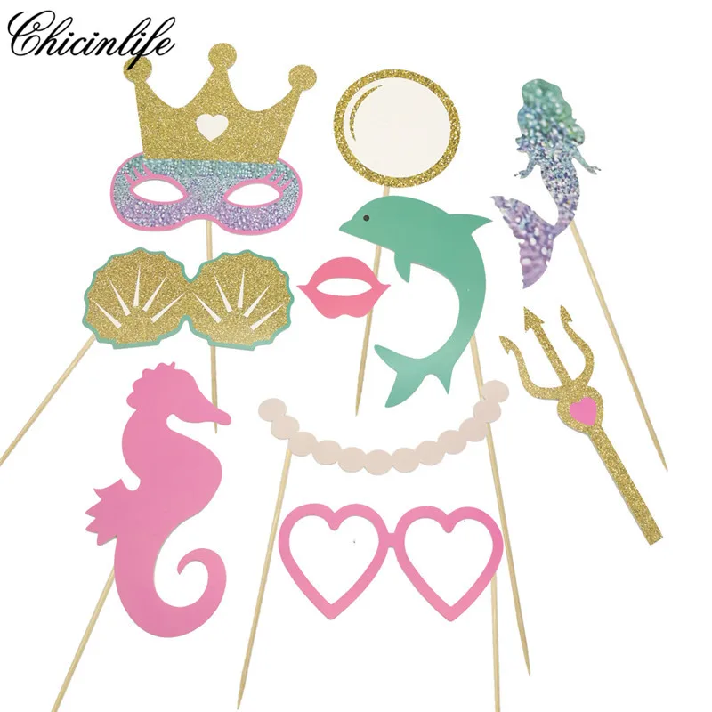 

Chicinlife 10Pcs Let's Be Mermaid Photo Booth Prop Happy Birthday Party DIY Baby Shower Party Favor Decorations supplies