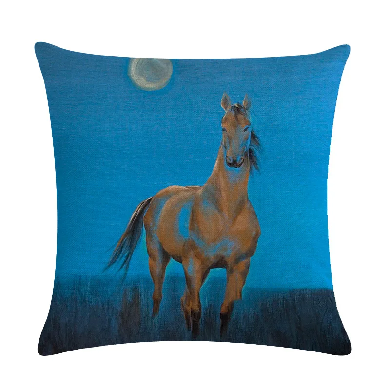 Animal Linen Cushion Cover Horse and Grassland Pillow Case for Sofa Seat Couch Bedroom Decorative Covers Home Living Room Decor
