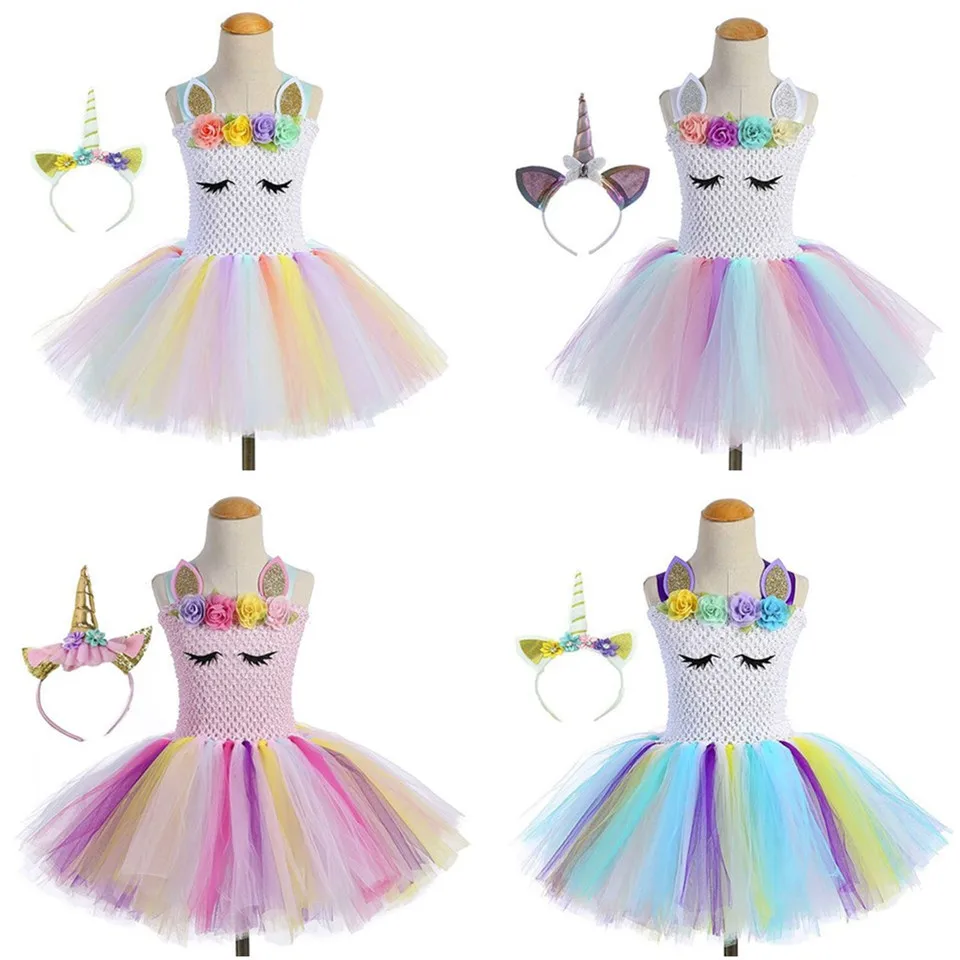 

Unicorn Dress With Headpin Girls Princess Dress Rainbow Tutu Skirt Children Halloween Cosplay Party Stage Performance Dresses