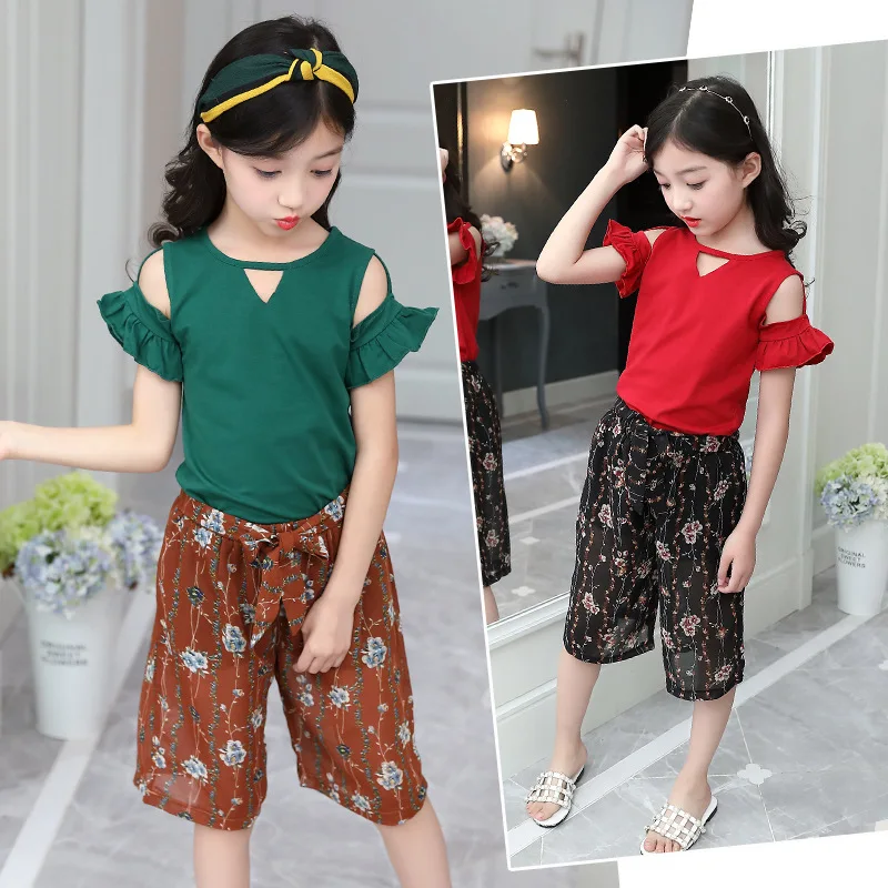 

Kids Summer Girls Clothing Sets 2 pcs Fashion Off Shoulder T-shirt and Chiffon Pants Girl Clothes Suits Children Tracksuits