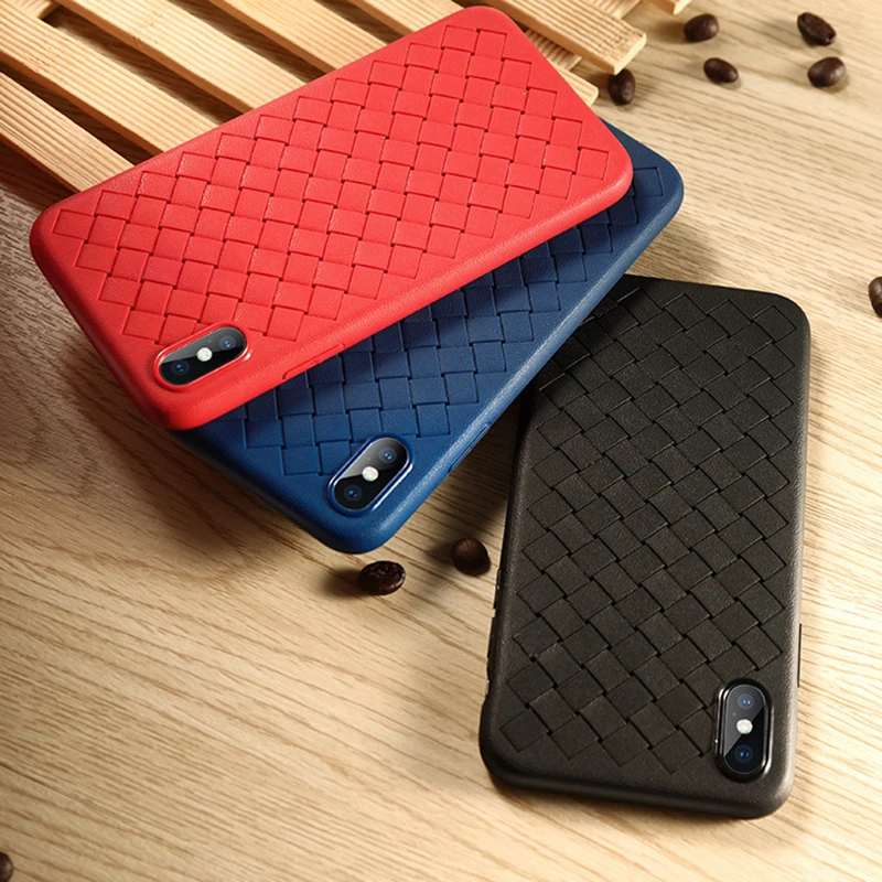 

Yoomy Carbon Fiber Knitted Phone Case For iPhone 6 6s 7 8 Plus X XR XS Max Woven Leather Grid Back Cover Cases
