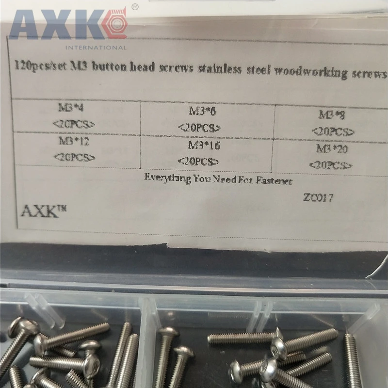 

AXK 120Pcs/set M3 Button Head Screws Stainless Steel M3 Woodworking Screw Assortment Kit Fastener Hardware With Box ZC017