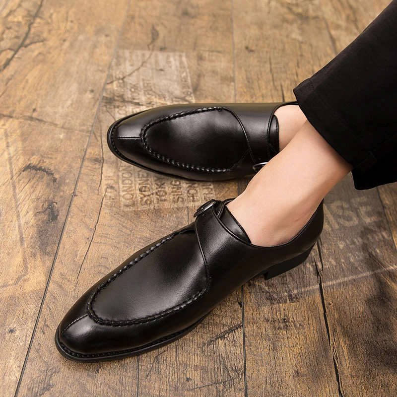 GOODRSSON Большие размеры 46 искусственная кожа нарядные туфли для мужчин в британском стиле, с пряжкой, черный, коричневый цвет, мужская повседневная обувь, круглый носок, женская обувь