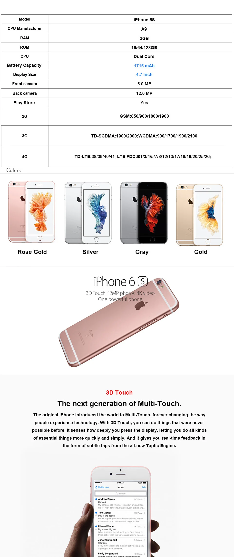 cellphone iphone Original Apple iPhone 6S Mobile phone Dual Core 2GB RAM 16/64/128GB ROM 4.7" 12.0MP Camera 4K Video iOS 4G LTE Used cellphone latest apple cellphone