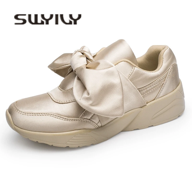 SWYIVY Bow Sneakers Woman Platform 2018 Summer Autumn Satin Female Girl Casaul Shoes Lady Fashion Fabric Slip On Sneakers