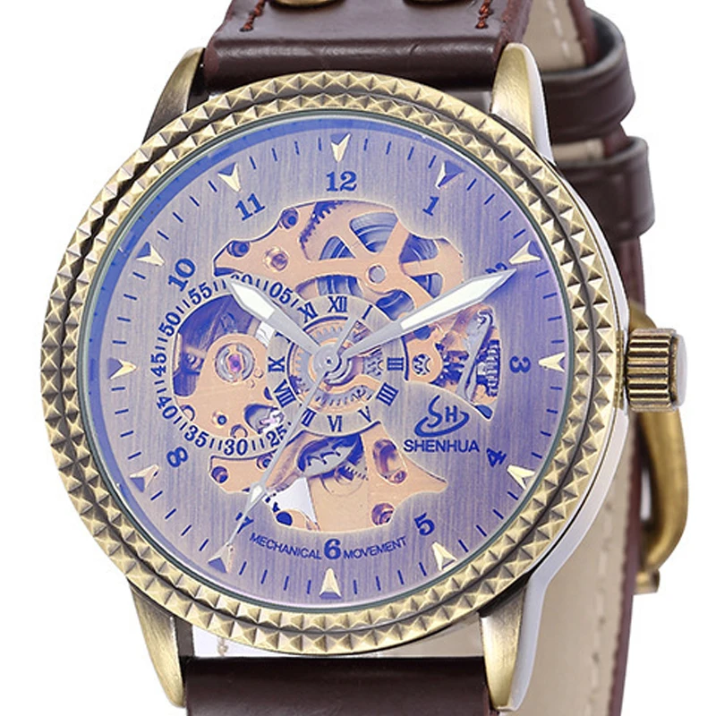 SHENHUA montre homme автоматические бронзовые часы винтажные мужские механические из