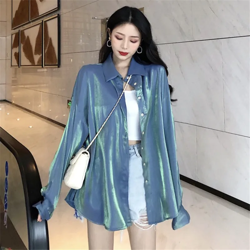 

Summer Long Blouse Women New Korean Loose Design Shiny Satin Shirts Female Long-sleeved Casual Kimono Tops Fashion Shirt Dress