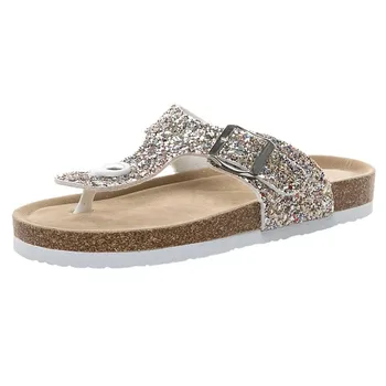 

Womens Cross Toe Double Buckle Strap Summer Woman Flip Flops Beach Slippers Shoes Sequined Beach Shoes Flat Sandals