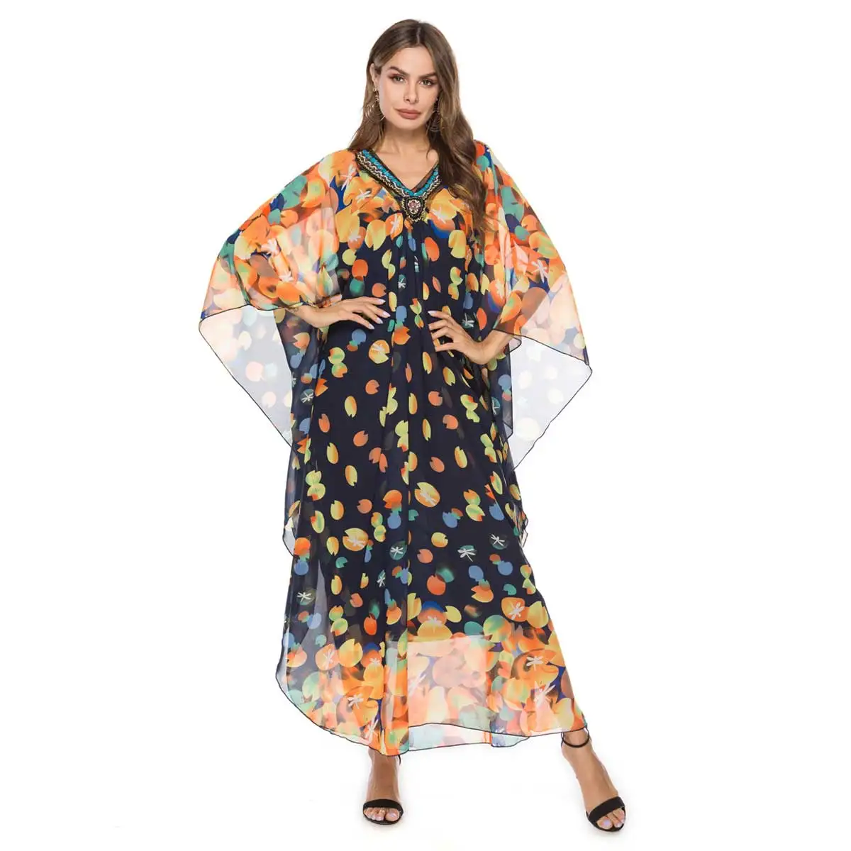 

2019 Bohemian Chiffon Diamond Beading Dress Batwing Sleeve Women Ethnic Bohemian Printed Dressing Gowns VKDR1605