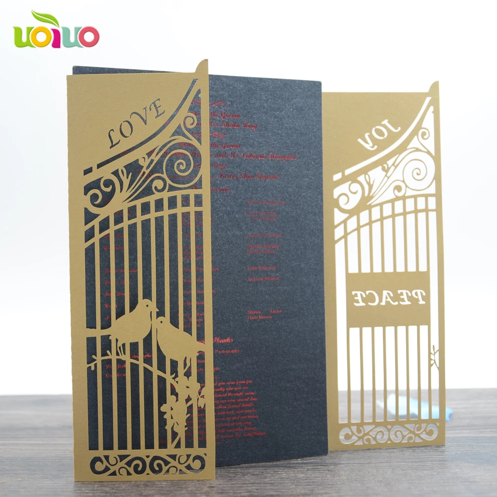 

free shipping 50set inc15 Laser Cut Happy gate Design folded style free Save the Date Wedding Invitation Cards with birds