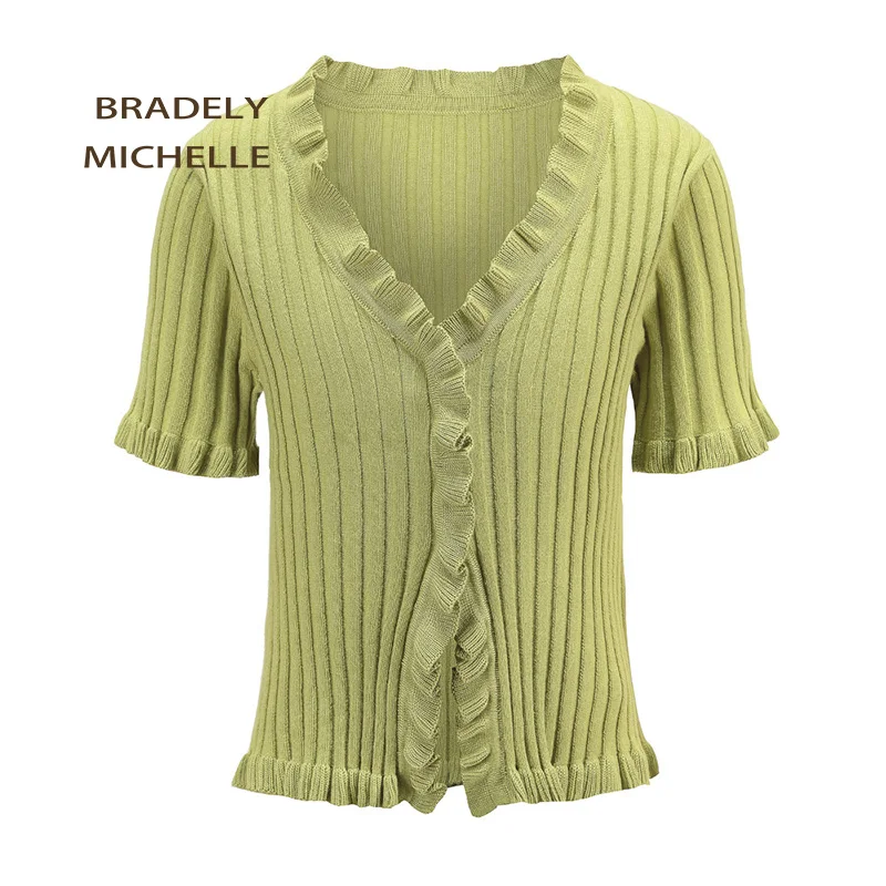 BRADELY Мишель Для женщин модные рубашки с короткими рукавами кардиганы с оборками свитера с Однобортный большие эластичные трикотажные укороченные топы