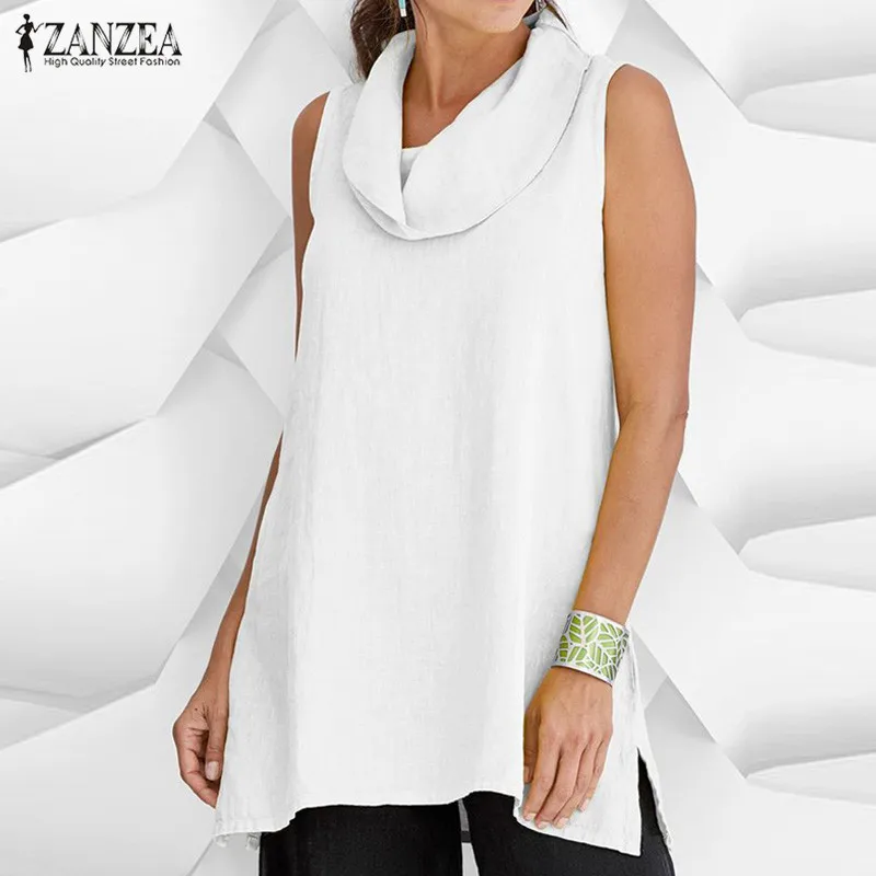 

Pile Collar Blusa Women Linen Blouse ZANZEA 2019 Stylish Plus Size Tunic Sleeveless Irregular Chemise Female Casual Summer Shirt