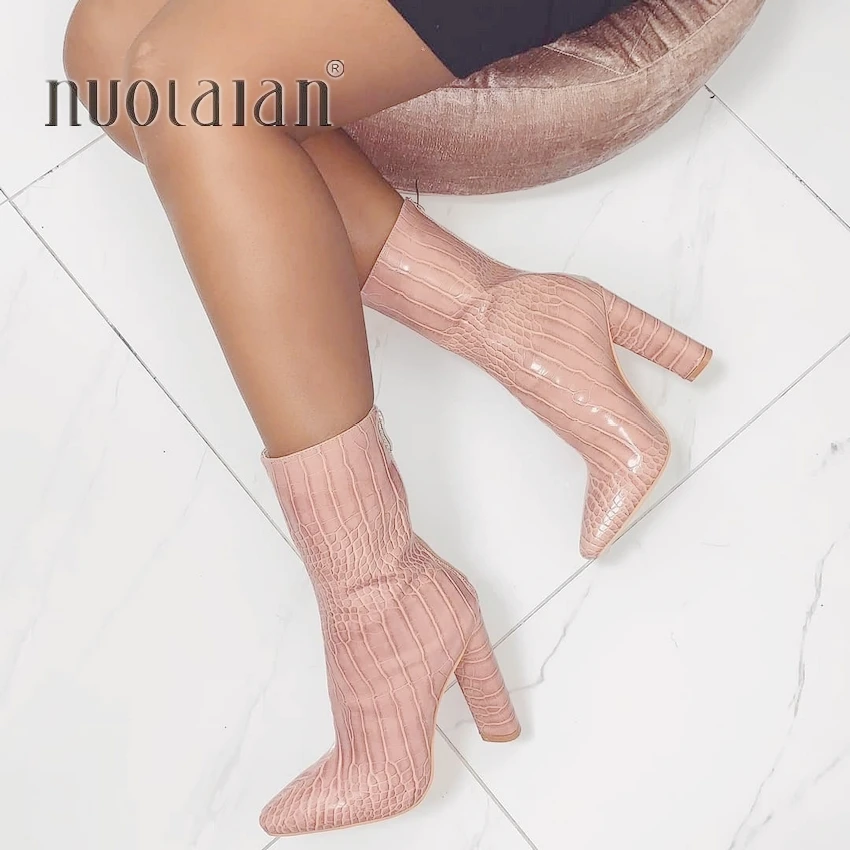 MORAZORA/ г., осенне-зимние модные сапоги до колена Высококачественная однотонная обувь на высоком толстом каблуке с острым носком женские ботинки