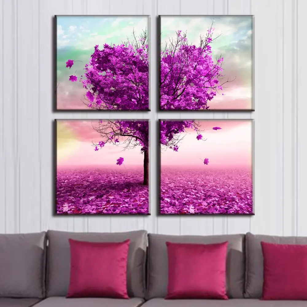 

Modern 4 Pcs/set Landscape Flower Painting Prints On Canvas Heart-shaped Purple Maple Picture Lover Tree Wall Art Home Decor