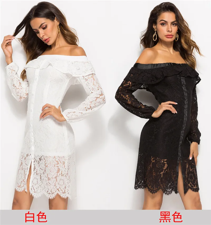 women autumn long sleeve slash neck lace dress-10