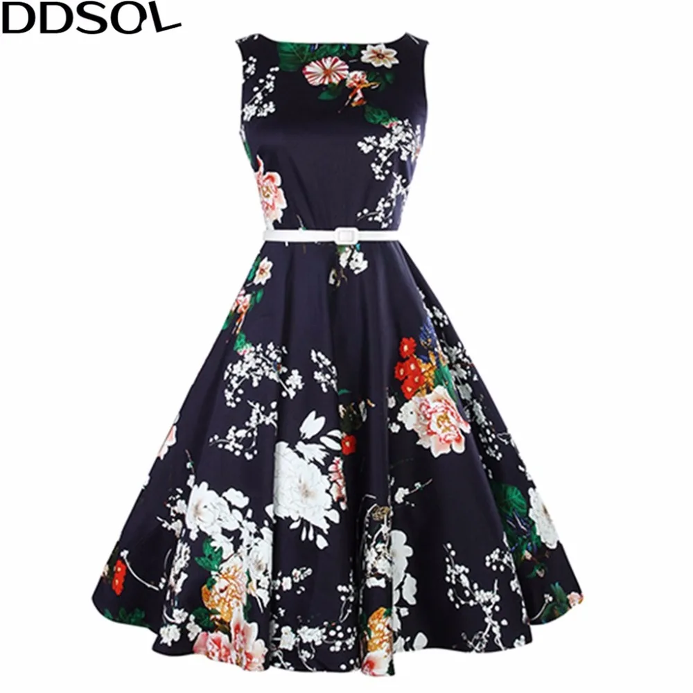 DDSOL Summer Dress Retro Cotton Floral Print 50s 60s Dresses With Belt ...
