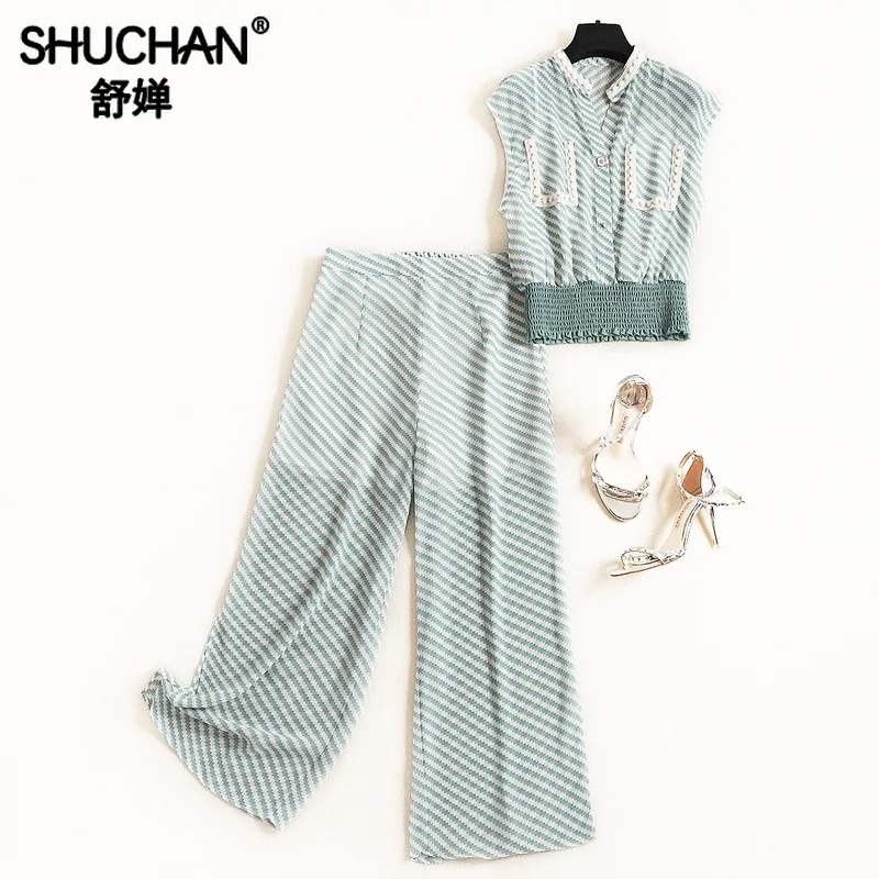 

Shuchan Fashionable Sets for Women Streetwear Striped Short Tops+pants with Elastic Waist Women Two Piece Set 2019 11861