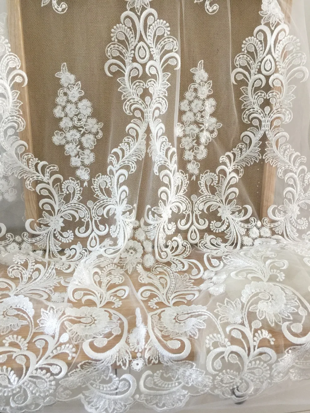 

1 Yard Exquisite Clear Sequin Haute Couture Lace Fabric in Off White, Wedding Gown Birdal Lace Fabric Flower Embroidery Lace