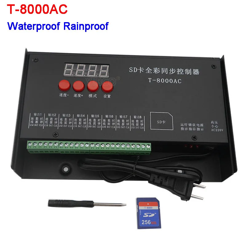 Светодио дный контроллер T8000 SD Card контроллер для WS2801 WS2811 LPD8806 8192 Пиксели DC5V водонепроницаемые непромокаемые контроллер AC110-240V