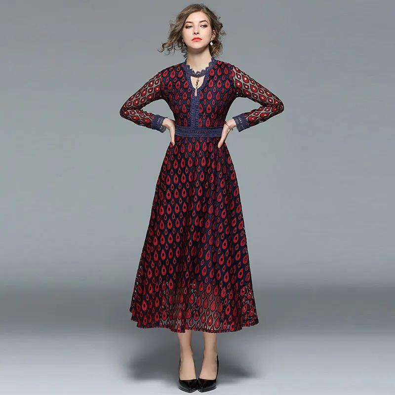 Borisovich New 2018 Spring Fashion England Style O-neck Hollow Out Lace Elegant Slim Women Casual Dresses Hot Sale Vestidos M082