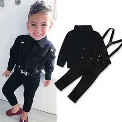 Одежда для маленьких мальчиков, Детские однотонные комплекты одежды для джентльменов, черные топы с отворотом и длинными рукавами + штаны