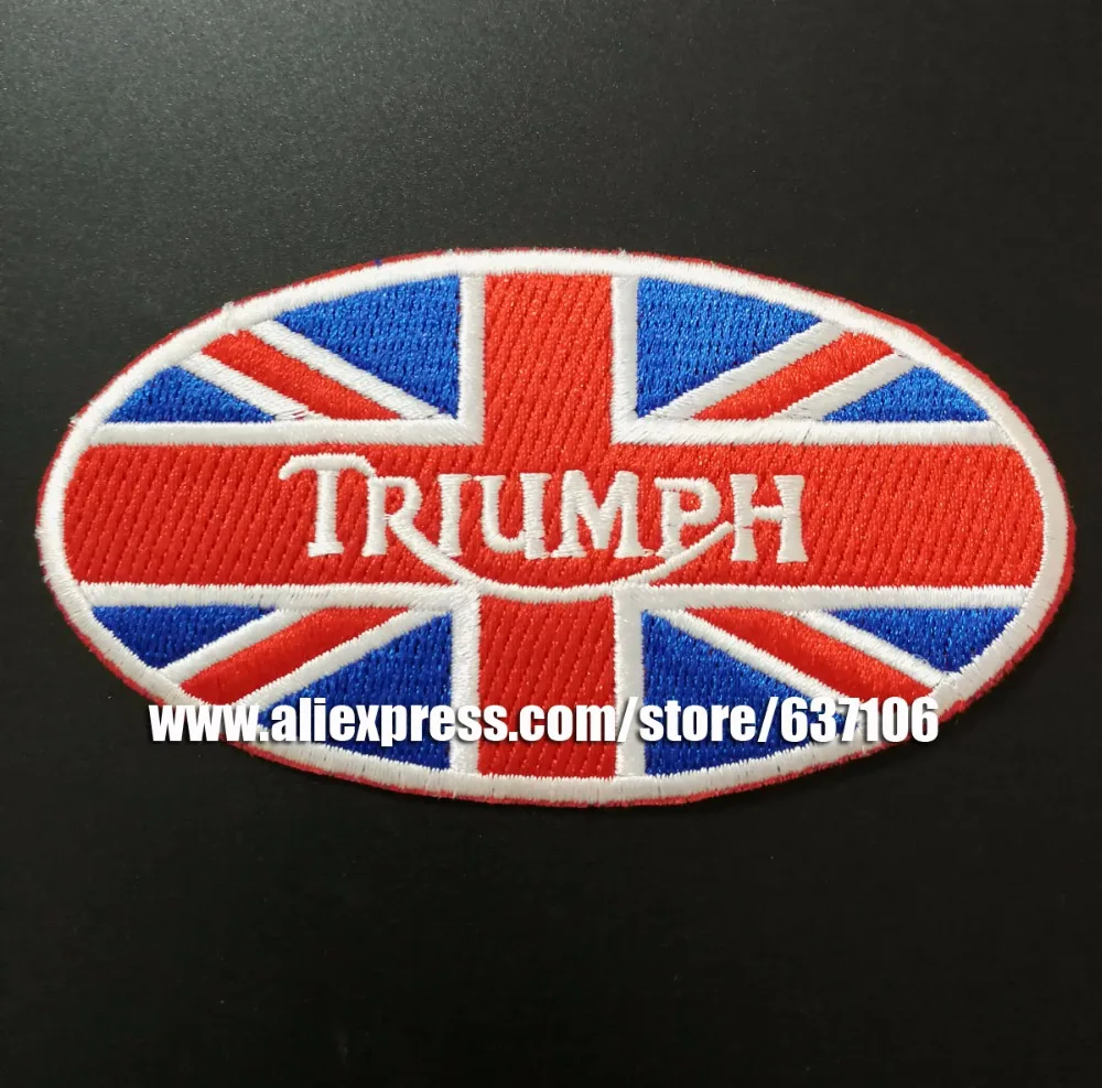 TRIUMPH MOTORCYCLES LOGO IRON ON EMBROIDERED PATCH UK FLAG OVAL