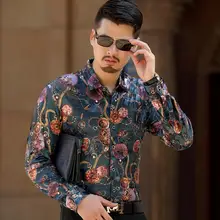 Топовая Мода, трендовые роскошные мужские шелковые рубашки, мужская повседневная бархатная официальная рубашка с длинным рукавом, приталенная рубашка с цветочным рисунком для мужчин