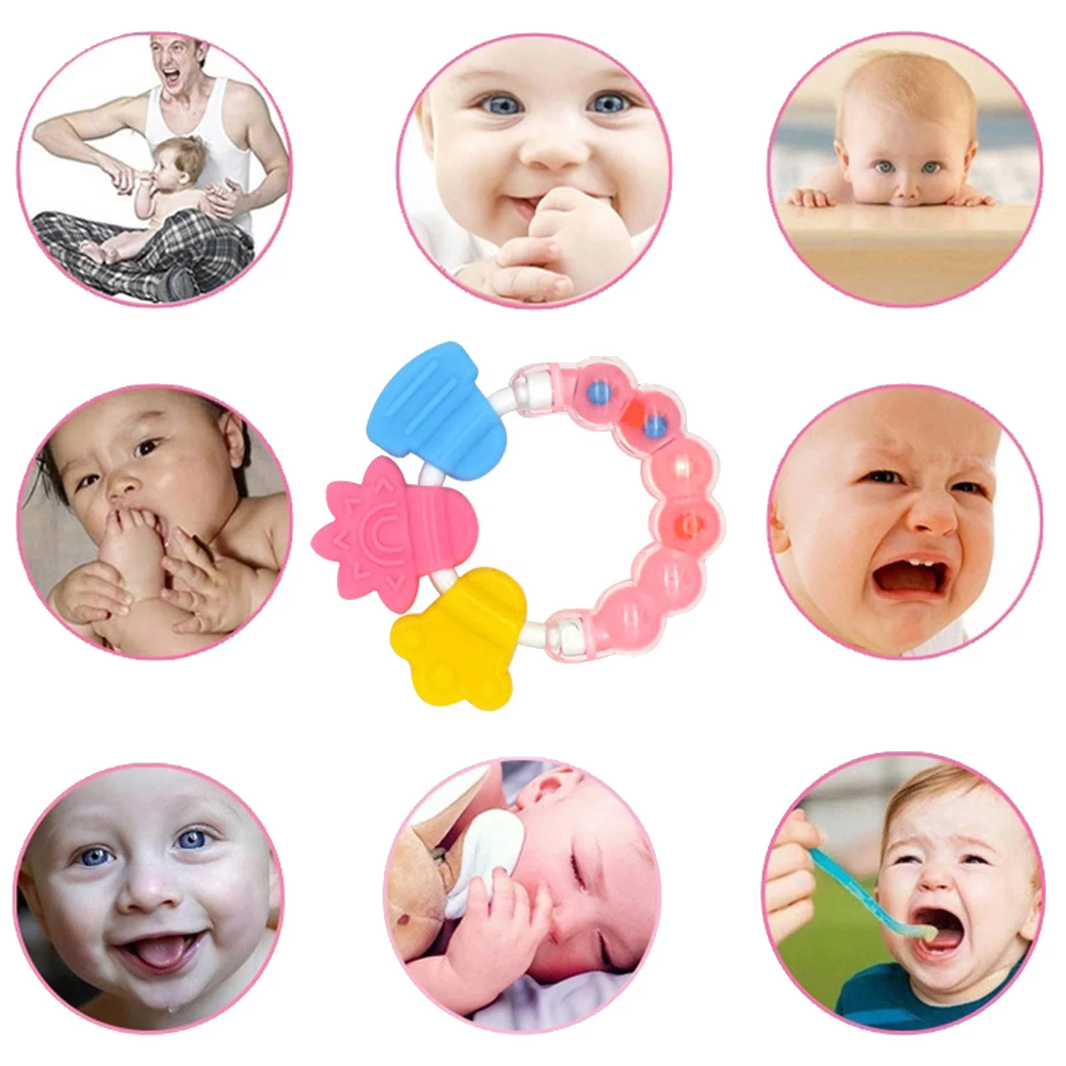 Baby Safe Cartoon Silicone Teether Toys Chew Teething Ring Handbell