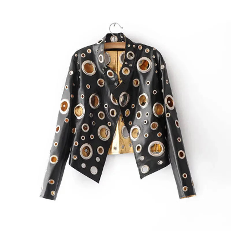 RivetCircle MsPULeatherClothing Short Coat Leather Jacket Collar Round Neck No Hat Comfortable fabrics Regular long sleeve short