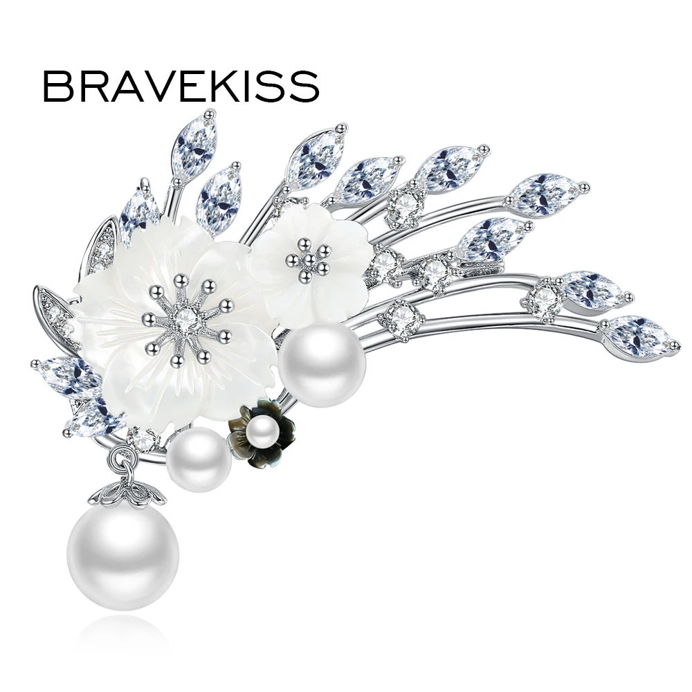 BRAVEKISS White Shell Flowers Brooch For Women With Naural Pearl