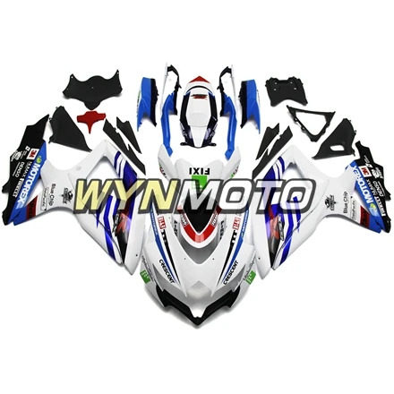 Выполните обтекатели комплект для GSXR600 750 2008-2010 08 09 10 впрыск АБС пластмасса Обтекатели на кузов капоты белого и синего цвета красочные