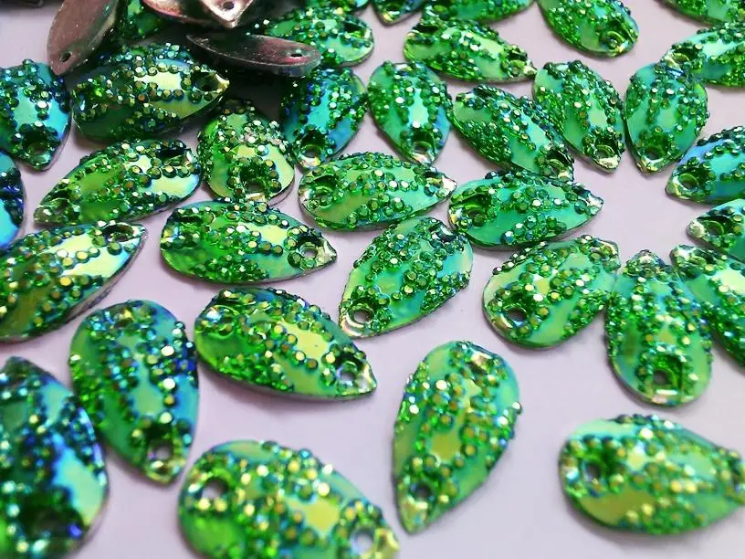 80pcs Green AB colour rhinestones sew on stones 9*18 mm water drop