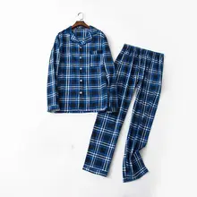 Осень плюс размер пижамы Мужчины клетчатая Пижама наборы мужской полированный чистый хлопковый пижамный комплект рубашка с отложным воротником и брюки