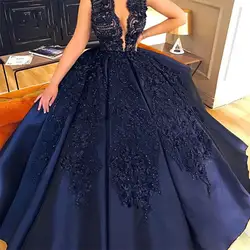 Темно-синие Vestido De Noiva 2018 мусульманские свадебные платья бальное платье v-образным вырезом Кружева из бисера Дубай Арабский свадебное