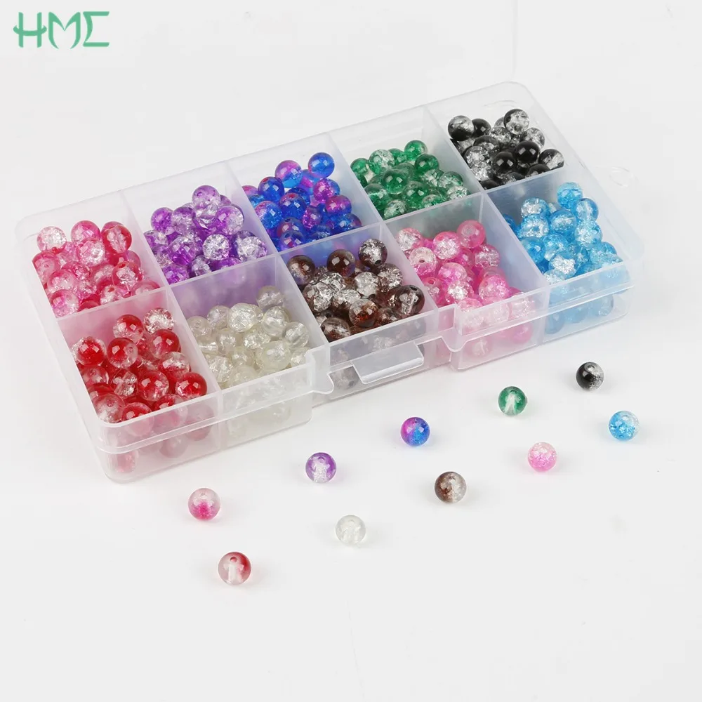 

6/8mm Round Crackle Glass Crystal Loose Spacer Beads Kit Box for DIY Craft Charms Jewelry Making Bracelets Necklaces Mixed Color