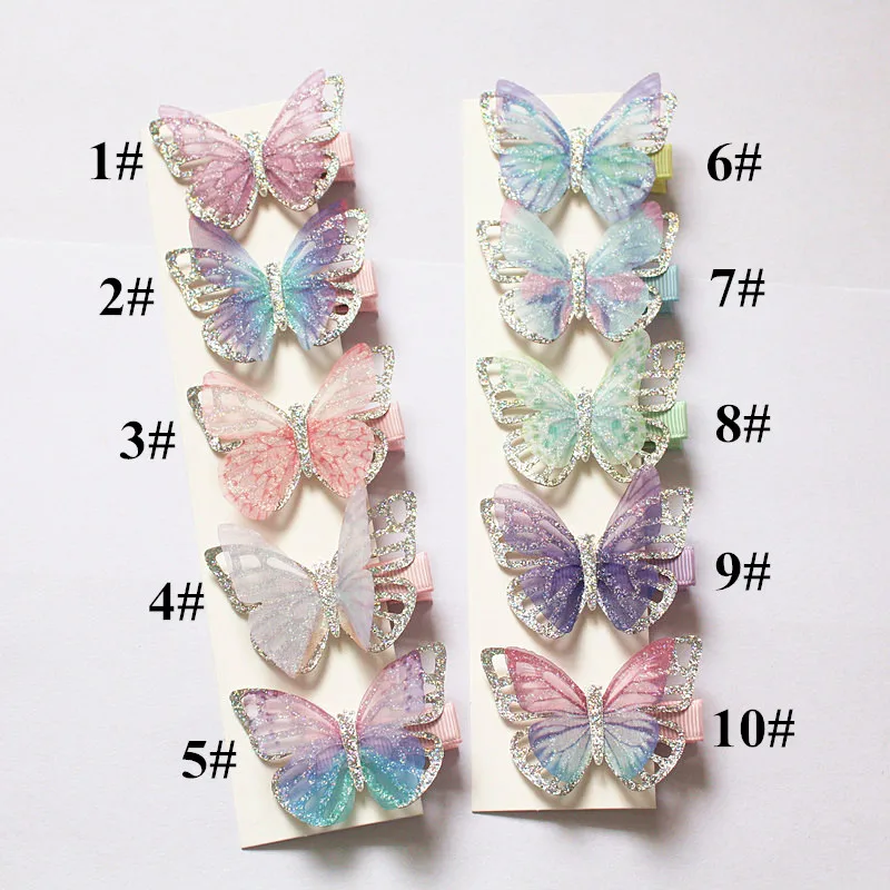 Tanie 20 sztuk partia modne dziewczyny spinki do włosów w kształcie motyla brokatowe srebrne podwójna warstwa szpilka śliczne dziewczyny dzieci szpilka Barrettes piękne klipy