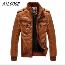 AILOOGE Мужская локомотивная кожаная куртка, пальто, утепленная меховая верхняя одежда, Тонкая зимняя куртка из искусственной кожи коричневого цвета, m-xxxl