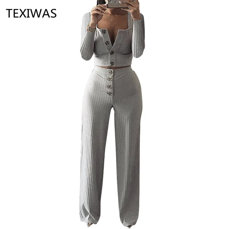 

TEXIWAS Autumn Knit Sexy 2 Piece Set Women Cardigan Outfit Elegant Casual Crop button tee + Leggings Wide leg Straight Pants Set