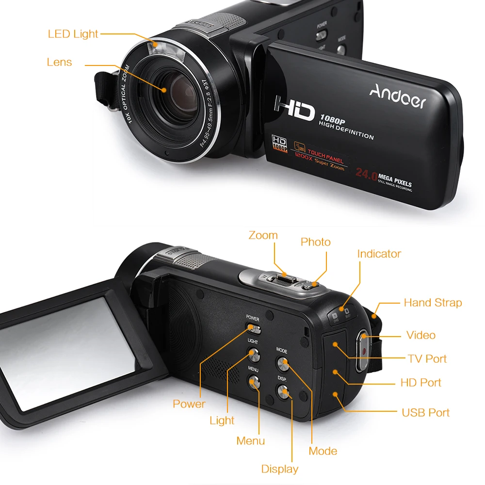 Сенсорный экран Andoer HDV Z80 3 дюйма цифровая видеокамера 1080 24 МП с широкоугольным
