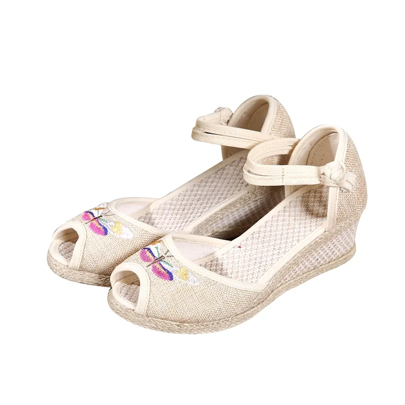Old Beijing Cloth Shoes Women Summer Ethnic Wedges Sandals Fish Mouth Embroidered Peep Toe | Обувь