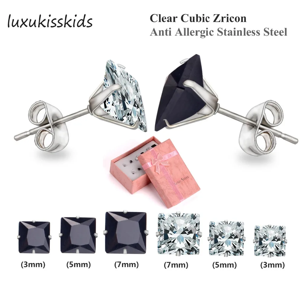 

LUXUKISSKIDS New 6 Pairs Clear Cubic Zircon Square Shaped Crytal,Stainless Steel Stud Earrings with Mix Size 3/5/7mm