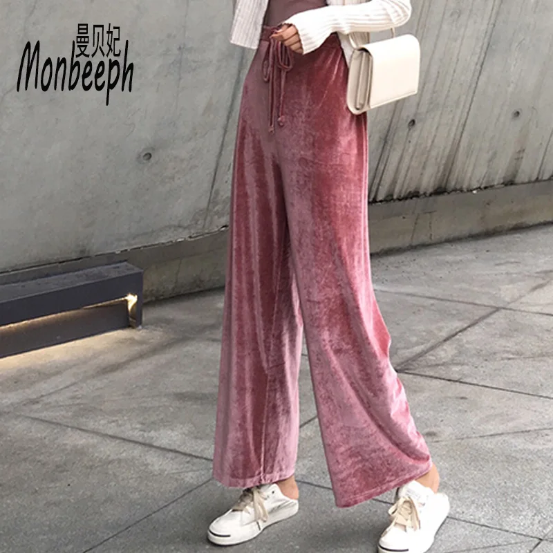 Monbeeph вельвет Штаны зима новые свободные корейский Flare Штаны шнурок кашемира полный брюки уютные брюки