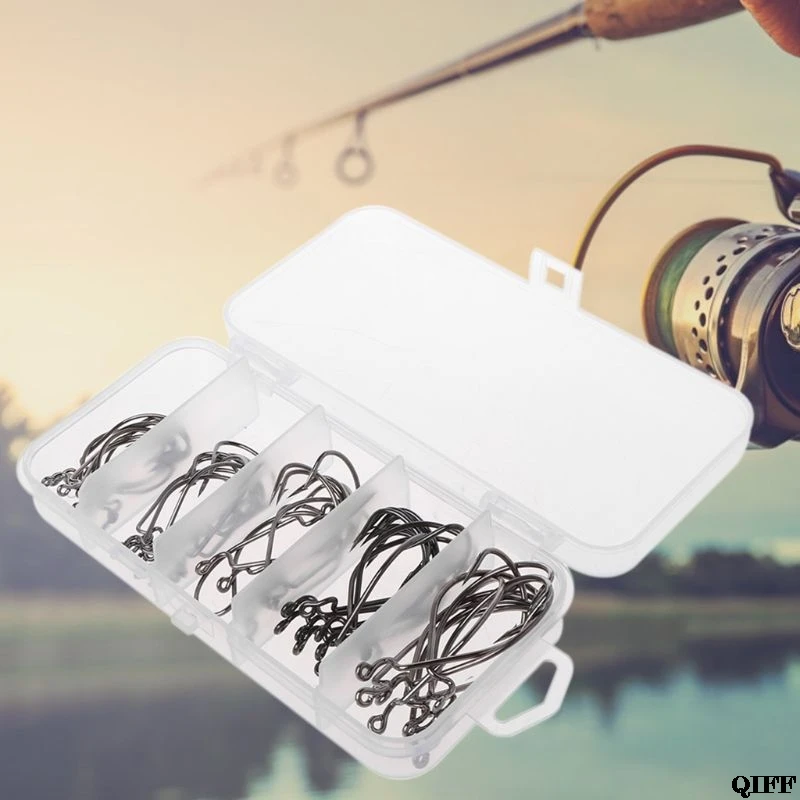 

50 Pcs/Set Fishing Hook Offset Hooks 2# 1# 1/0# 2/0# 3/0# Carp Tackle Sharp Tips Carbon Steel Black Snap Accessories APR28