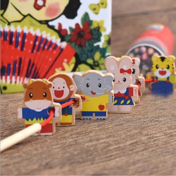 

Wooden Toys 6 Cartoon Animals Wooden Threading Beads Game Education Toy For Baby Kids Children