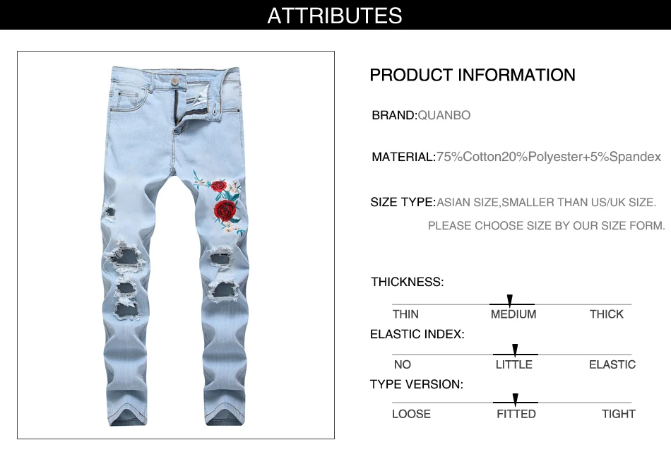 QUANBO, 8 цветов, мужские рваные джинсы,, новая мода, вышивка розы, мужские джинсы, светильник, синий, облегающие штаны-карандаш стрейч из денима, 42