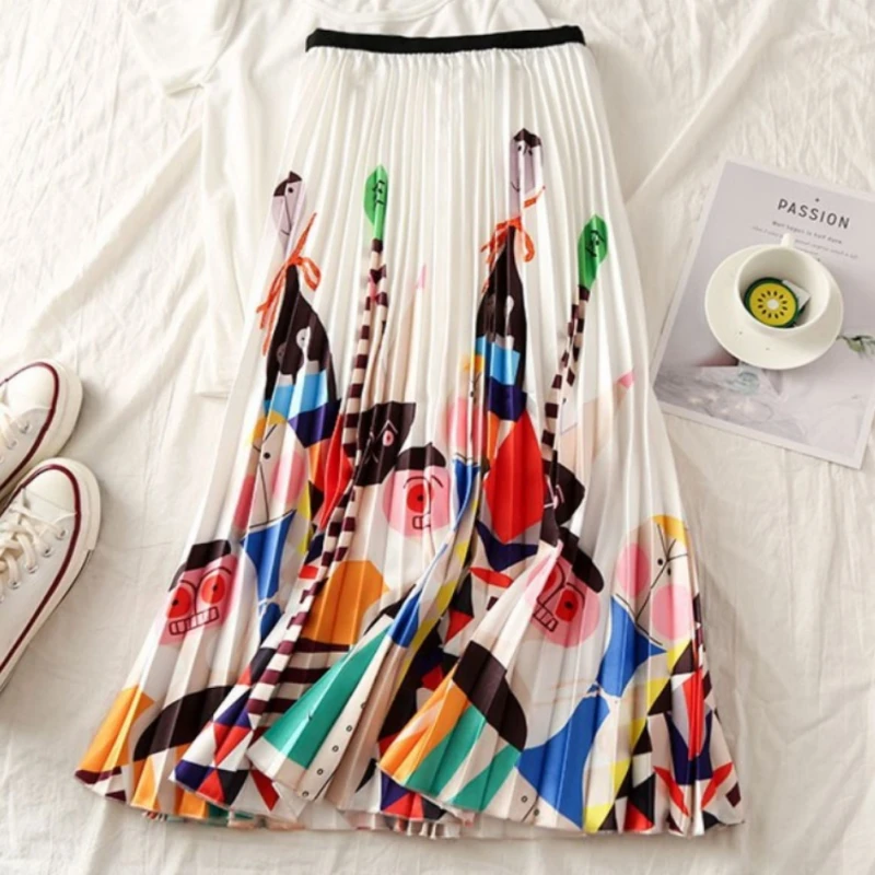 

Women Fashion Cartoon Print Pleated Skirt Plus Size 2019 New Casual High Waist Skirt Women Summer Long Maxi Skirt Femme
