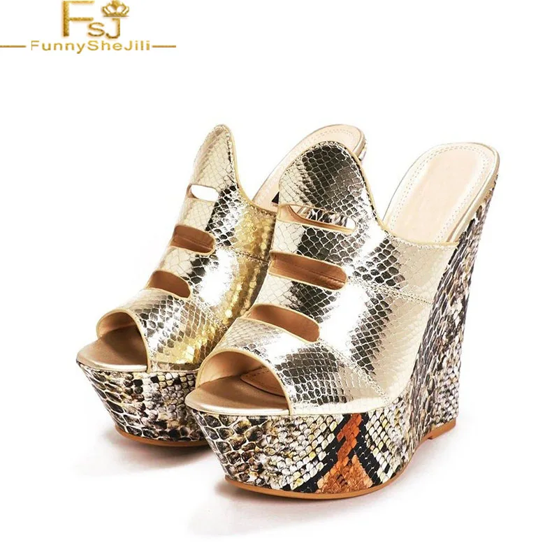 

Gold Python Peep Toe Mule Platform Wedge Heel Sandals Summer Outside Party Date Noble Woman Shoes Plus Big US Size 14-16 FSJ