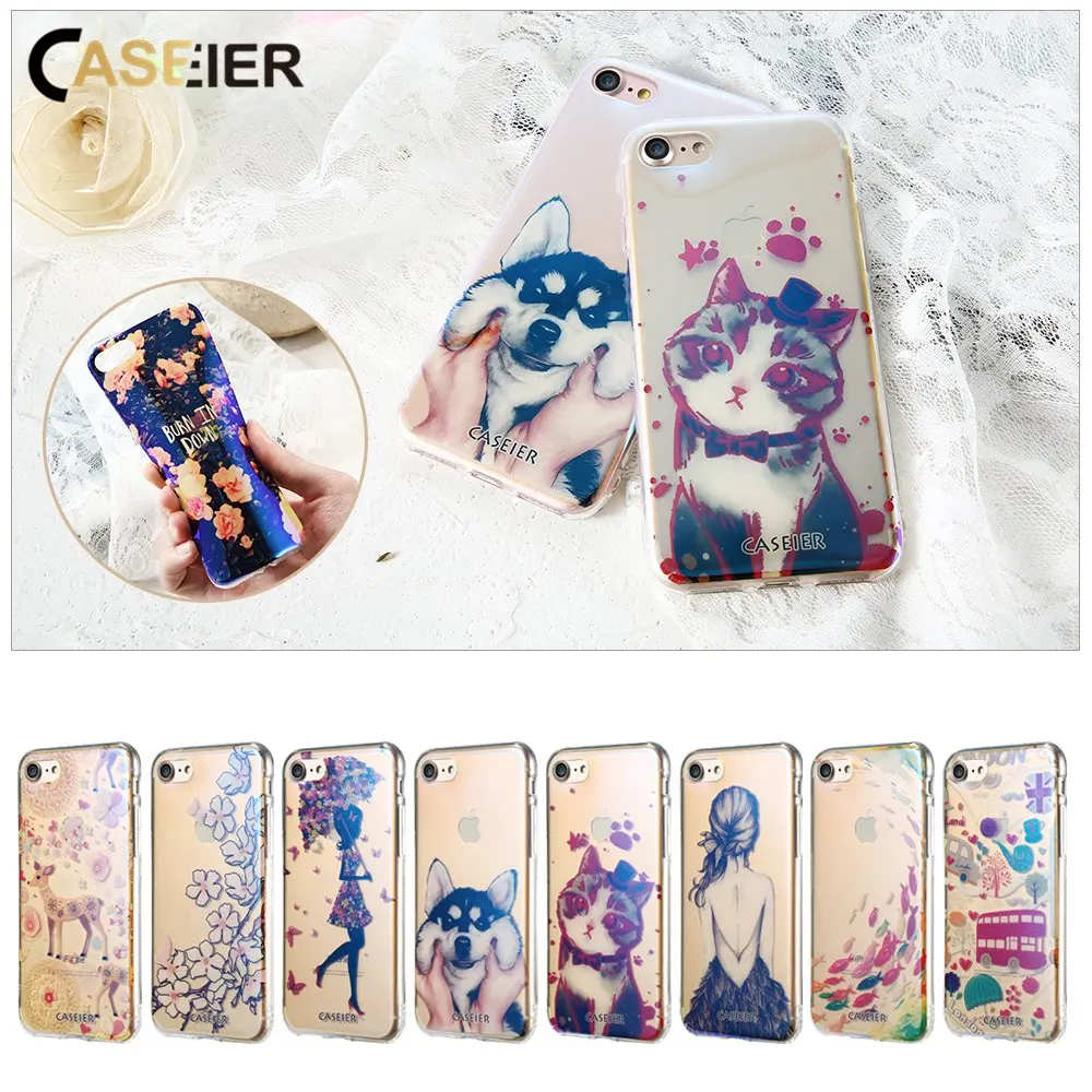 

CASEIER Patterned Phone Case For iPhone 7 8 Plus Cute Dog Cover For iPhone 7 8 Blue-Ray Luxury Capinha Colorful Cat Funda Capa